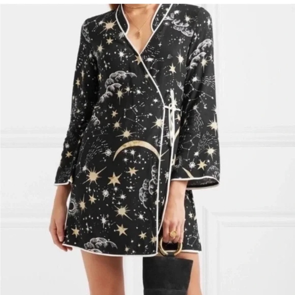 Rixo Black and Gold Celestial Print Wrap Dress